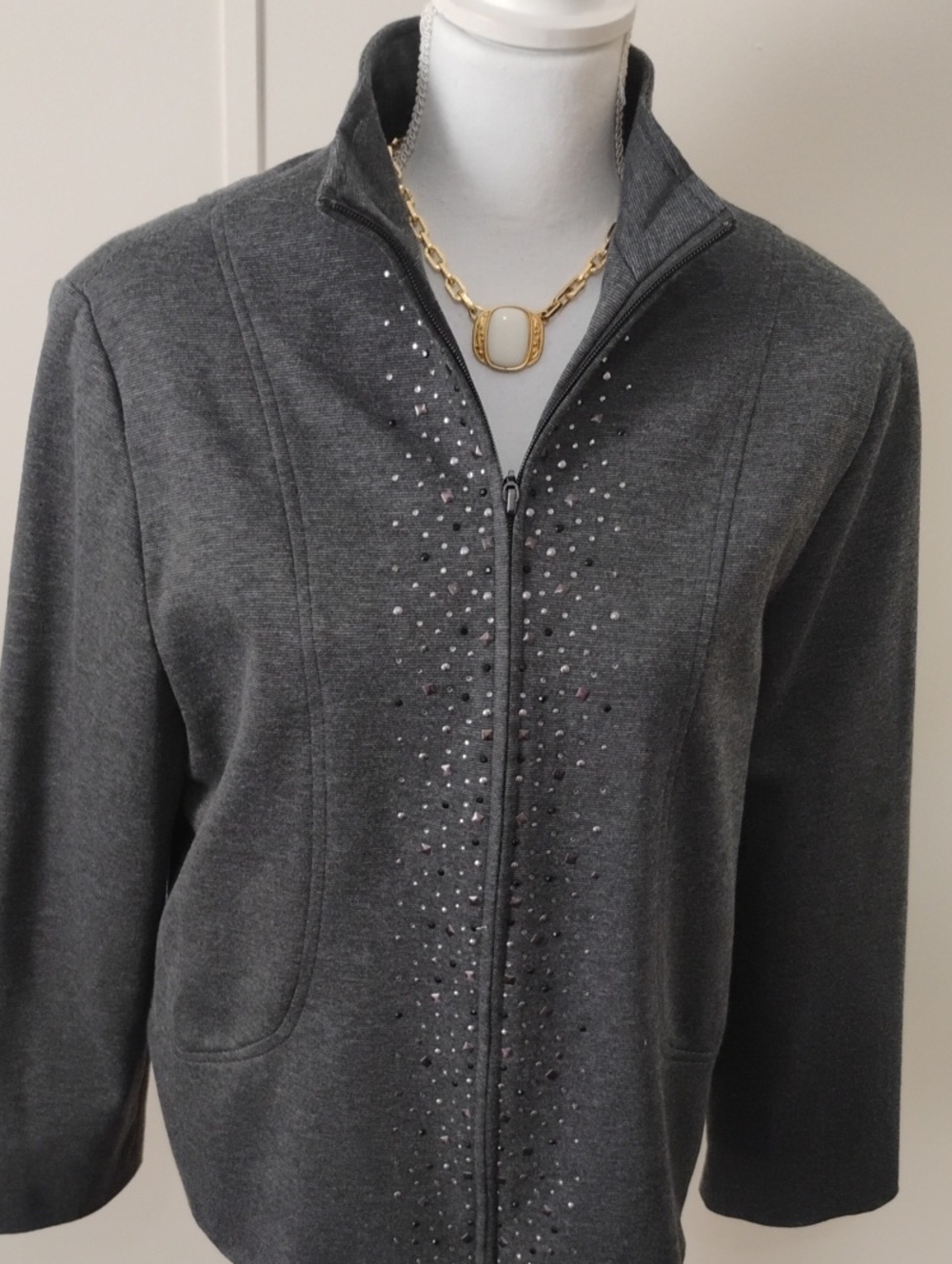 Alfred Dunner Dark Gray Zip-Front Jacket with Rhinestone Detail